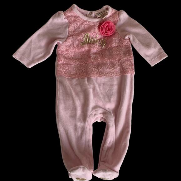 Juicy Couture Warm Plush Pink One Piece Zippered| 3-6 month | Gold Booties - Picture 1 of 12